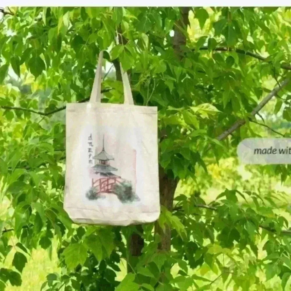 Mahjong inspired print of a bridge and tower recycled canvas tote bag - Picture 2 of 6